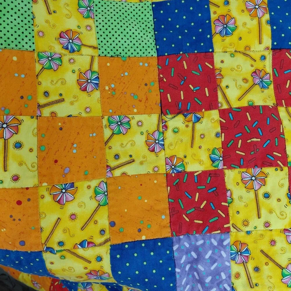 Handmade Baby Lap Picnic Wall Quilt Bright Summer Pinwheel Cotton Yellow Green